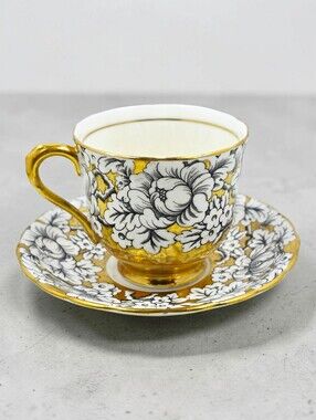 Victoria Peony Pattern Footed Cup & Saucer Gold Background Hand Painted England